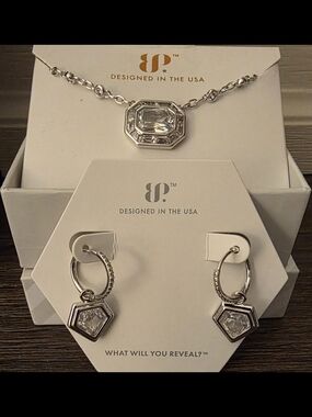 BP Silver Crystal Pendant Necklace and Hoop Earrings Set - Silver